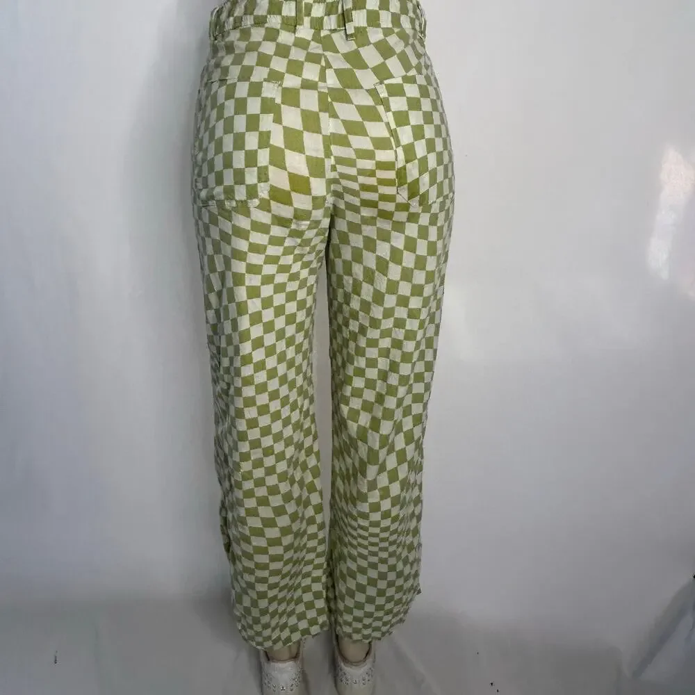 Zara Green White Checkerboard Wide Leg Pants Women’s L High Rise Linen Blend